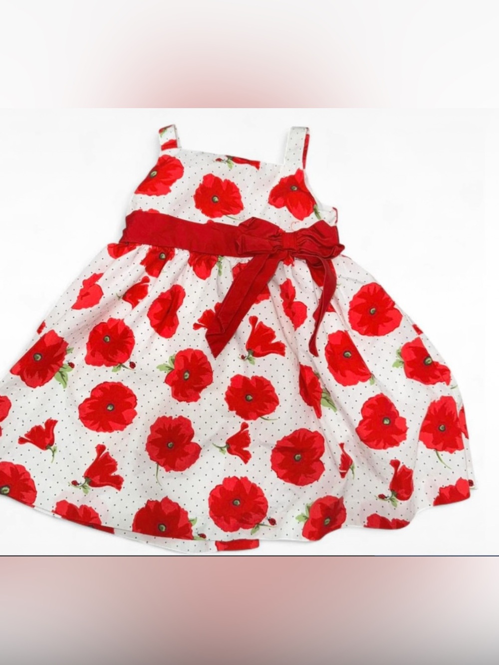 Janie Jack Girl Dress Poppy Flower  Bloom Red White Dot Bow Ladybug